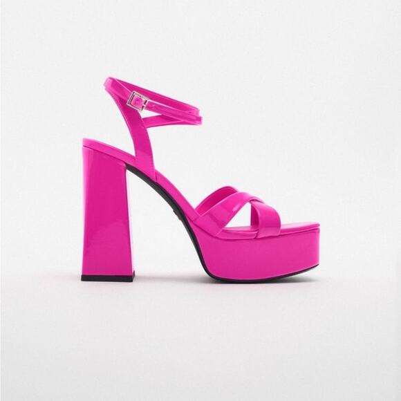 ZARA NEON PINK PATENT STRAPPY CHUNKY PLATFORM HEEL SANDALS SIZE 9 - Picture 2 of 10